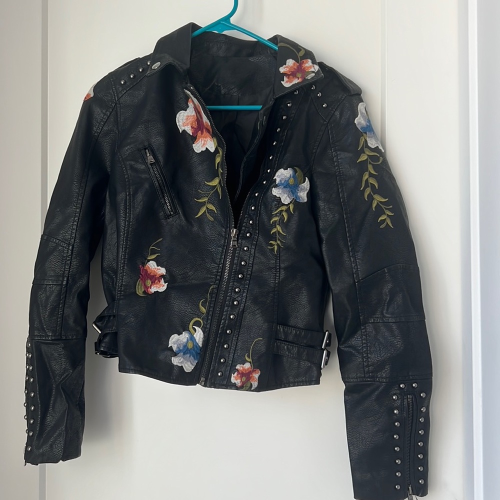 SHEIN Vegan Leather Floral Embroidered Jacket